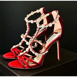 Badgley Mischka coral red satin rhinestone  cocktail heels shoes 5.5